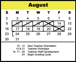 District School Academic Calendar for Wilchester Elementary for August 2015