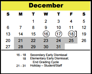 District School Academic Calendar for Spring Branch Elementary for December 2015