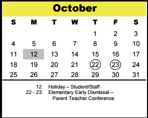 District School Academic Calendar for The Wildcat Way School for October 2015