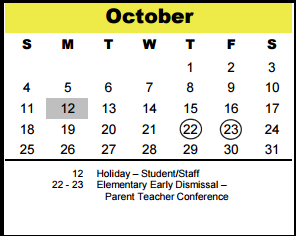 District School Academic Calendar for Spring Branch Elementary for October 2015
