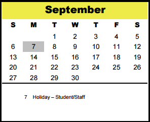 District School Academic Calendar for Spring Branch Elementary for September 2015