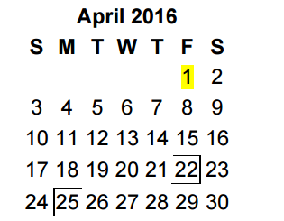 District School Academic Calendar for Woods Elementary for April 2016