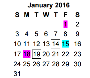 District School Academic Calendar for Jim Plyler Instructional Complex for January 2016