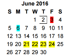 District School Academic Calendar for Camp Tyler for June 2016
