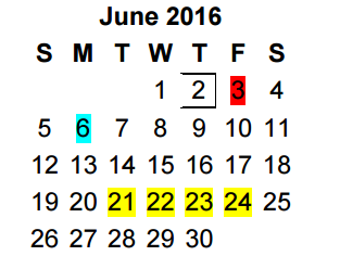 District School Academic Calendar for Griffin Elementary for June 2016