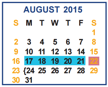 District School Academic Calendar for Cuellar Middle School for August 2015