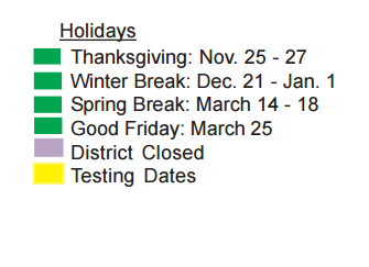 District School Academic Calendar Legend for Memorial Elementary