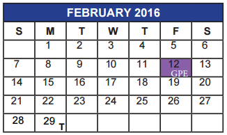 District School Academic Calendar for Wichita Falls Sp Ed Ctr for February 2016
