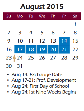 District School Academic Calendar for Cox Elementary for August 2015