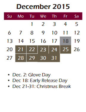 District School Academic Calendar for Mcmillan Junior High School for December 2015
