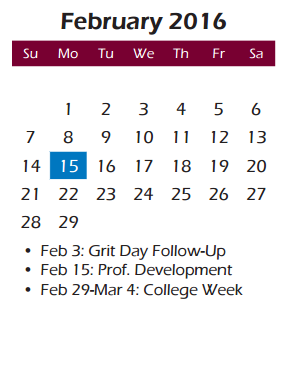 District School Academic Calendar for Davis Intermediate School for February 2016