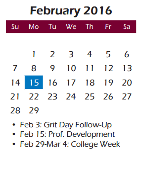 District School Academic Calendar for Cox Elementary for February 2016