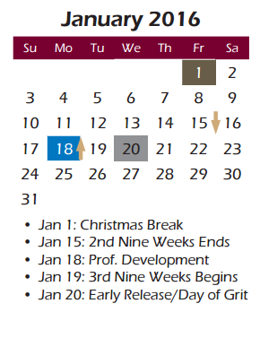 District School Academic Calendar for Groves Elementary School for January 2016