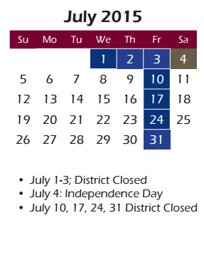 District School Academic Calendar for Akin Elementary for July 2015