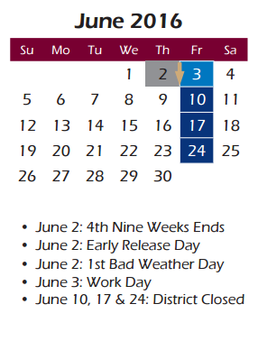 District School Academic Calendar for Groves Elementary School for June 2016