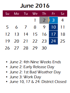 District School Academic Calendar for Smith Elementary for June 2016