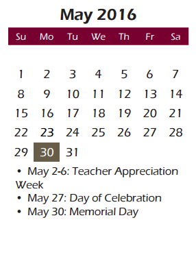 District School Academic Calendar for Groves Elementary School for May 2016