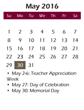 District School Academic Calendar for Smith Elementary for May 2016