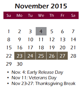 District School Academic Calendar for Burnett Junior High School for November 2015