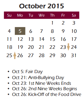 District School Academic Calendar for Cox Elementary for October 2015