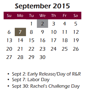 District School Academic Calendar for Collin Co J J A E P for September 2015