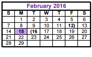 District School Academic Calendar for Taylor County Learning Center for February 2016