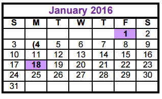 District School Academic Calendar for Taylor County Learning Center for January 2016