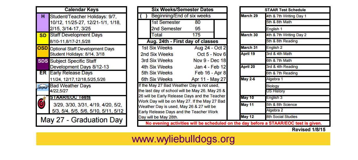 District School Academic Calendar Key for Wylie Junior High