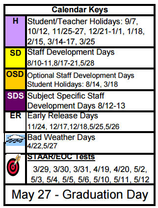 District School Academic Calendar Legend for Wylie Middle