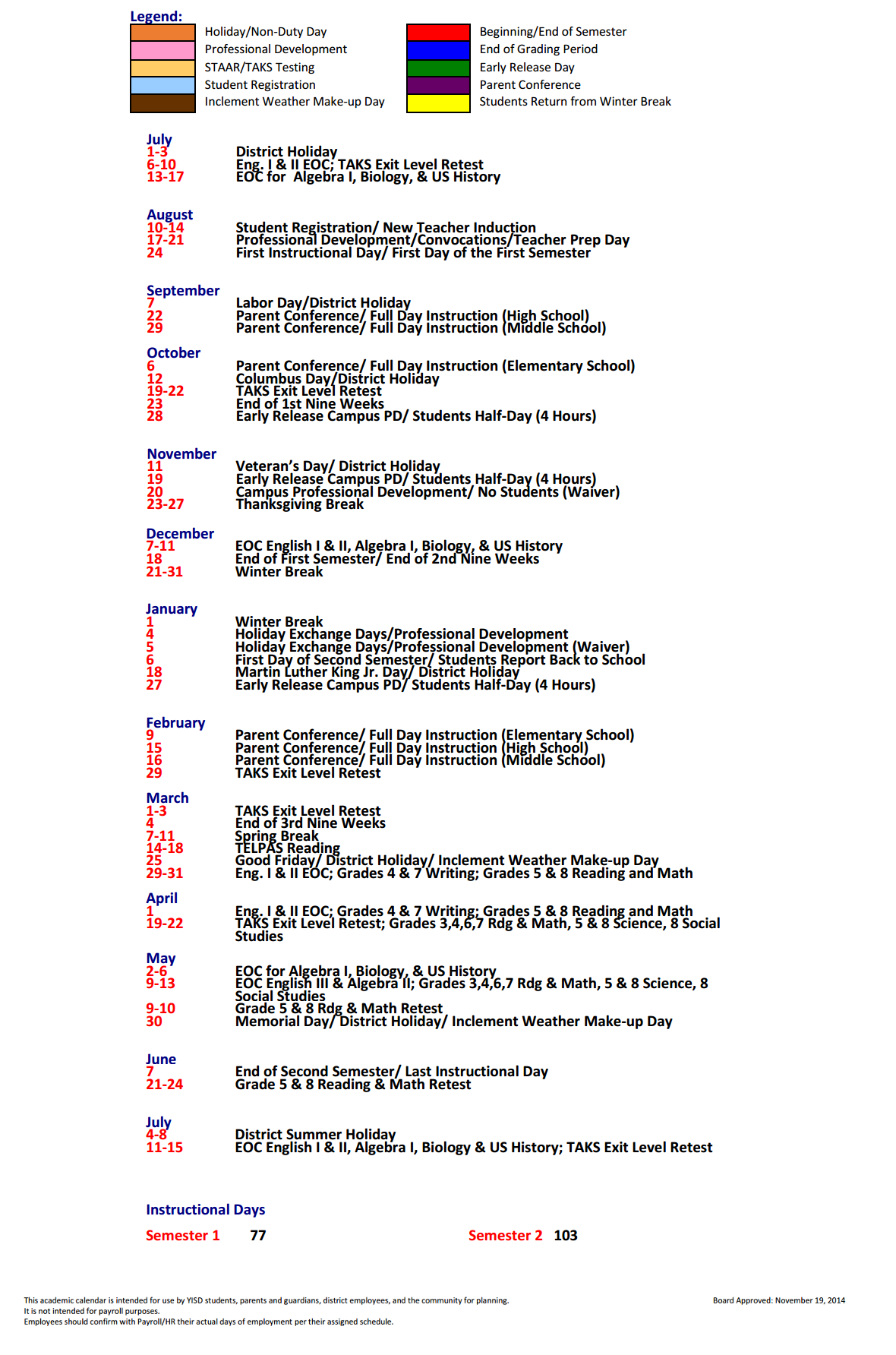 District School Academic Calendar Key for Ramona Elementary