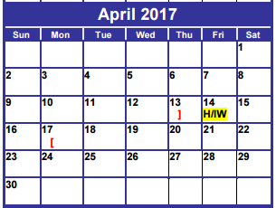District School Academic Calendar for Adult Learning Ctr for April 2017