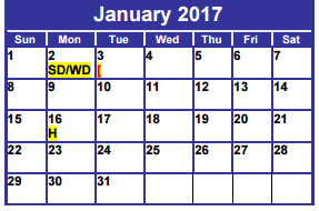 District School Academic Calendar for Woodson Center For Excellence for January 2017