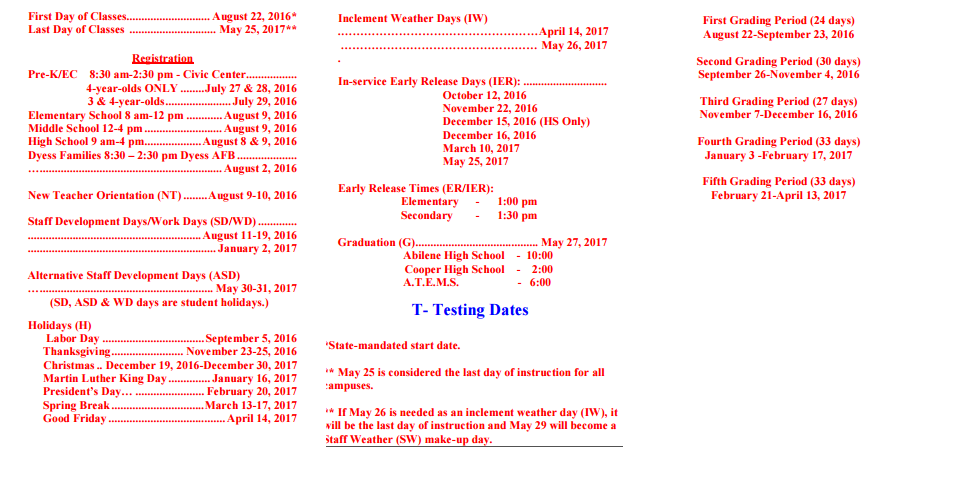 District School Academic Calendar Key for Day Nursery Of Abilene