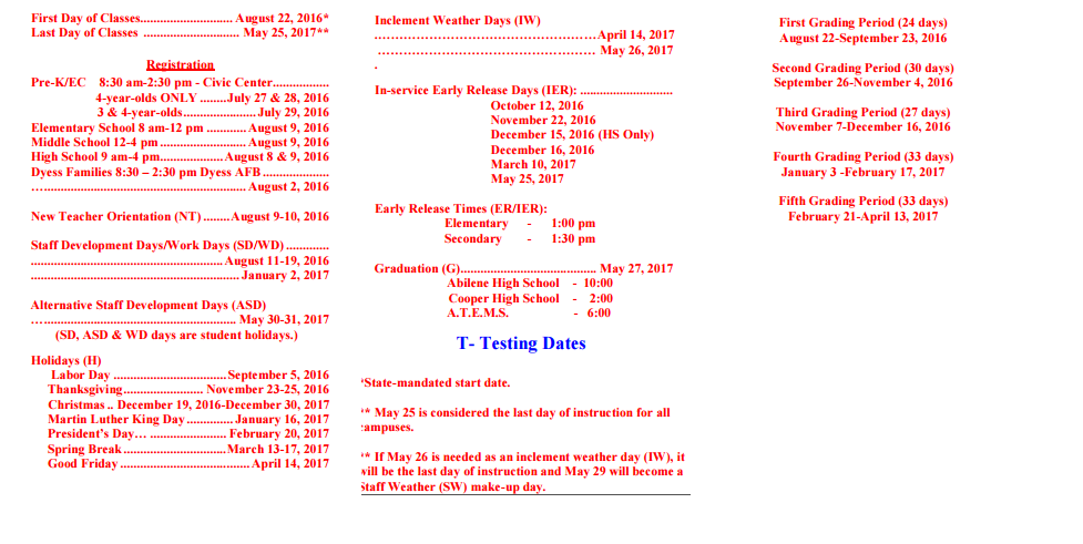 District School Academic Calendar Key for Woodson Early Headstart