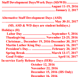 District School Academic Calendar Legend for Woodson Skill Ctr