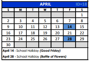 District School Academic Calendar for Woodridge Elementary for April 2017