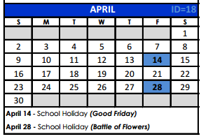 District School Academic Calendar for Bexar Co J J A E P for April 2017