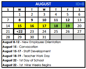 District School Academic Calendar for Bexar Co J J A E P for August 2016