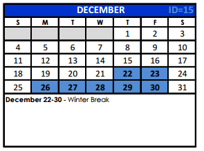 District School Academic Calendar for Woodridge Elementary for December 2016