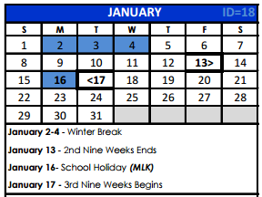District School Academic Calendar for Bexar Co J J A E P for January 2017