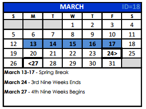 District School Academic Calendar for Woodridge Elementary for March 2017