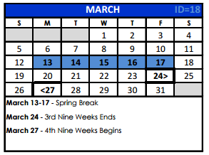 District School Academic Calendar for Bexar Co J J A E P for March 2017