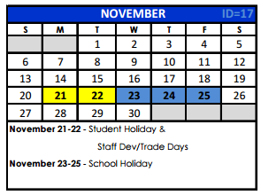District School Academic Calendar for Woodridge Elementary for November 2016
