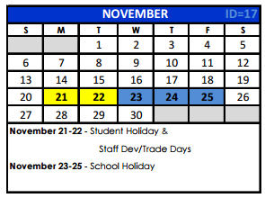 District School Academic Calendar for Bexar Co J J A E P for November 2016