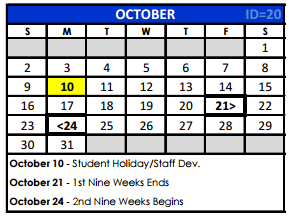 District School Academic Calendar for Bexar Co J J A E P for October 2016