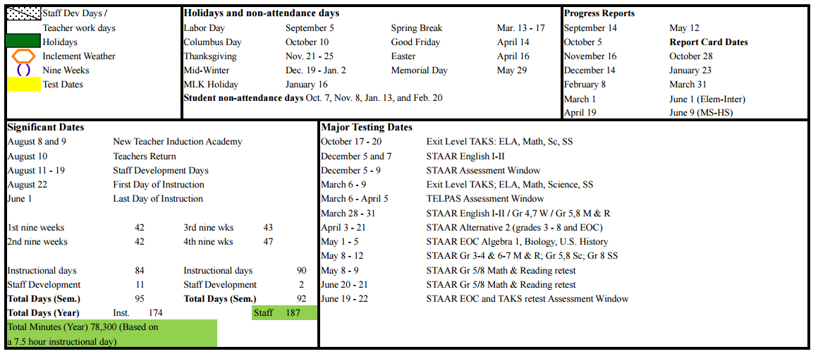 District School Academic Calendar Key for Houston Academy