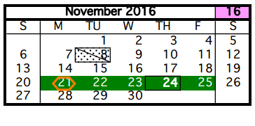 District School Academic Calendar for Aldine Ninth Grade School for November 2016