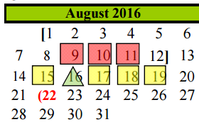 District School Academic Calendar for Assets for August 2016
