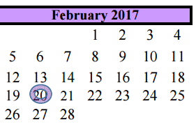 District School Academic Calendar for G W Harby Junior High for February 2017