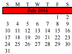 District School Academic Calendar for Assets for July 2016